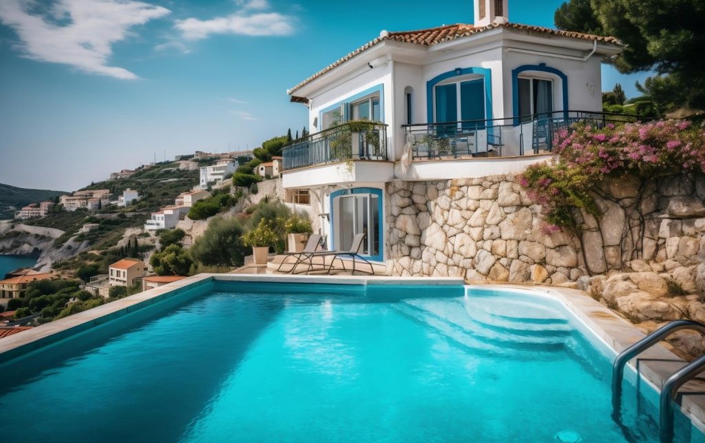 classic mediterranean white house with hillside pool generative ai 1