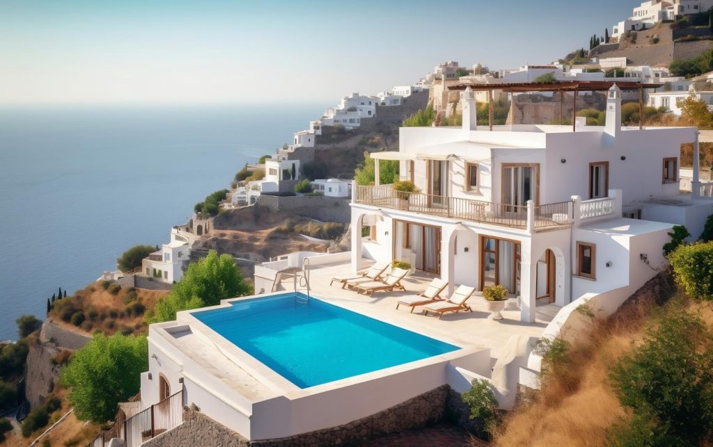 classic mediterranean white house with hillside pool generative ai